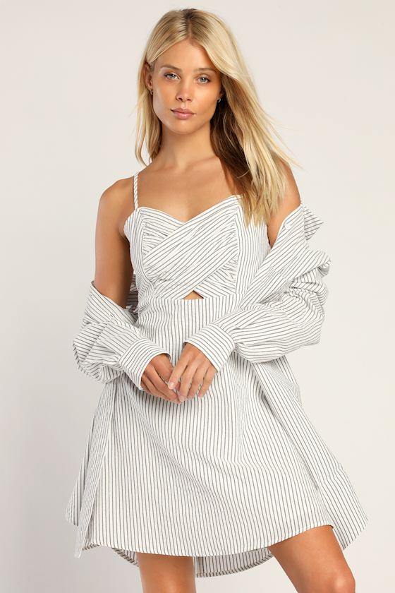 Perfectly Preppy White Striped Shirt and Dress Set 1