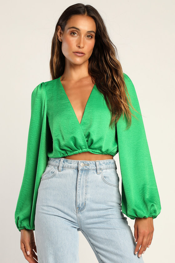 Green Wrap Top - Long Sleeve Crop Top - Satin Top - Lulus