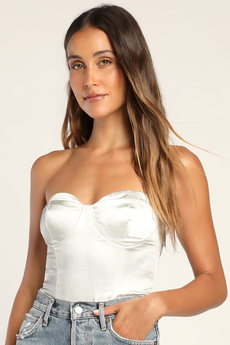 White Strapless Bodysuit - Bustier Bodysuit - Satin Top - Lulus