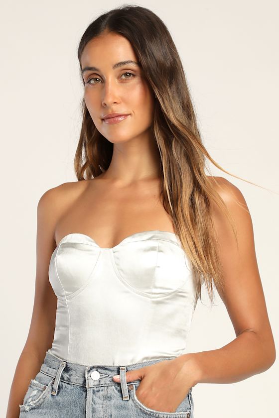 Sultry Sweetie White Strapless Satin Bustier Bodysuit 1