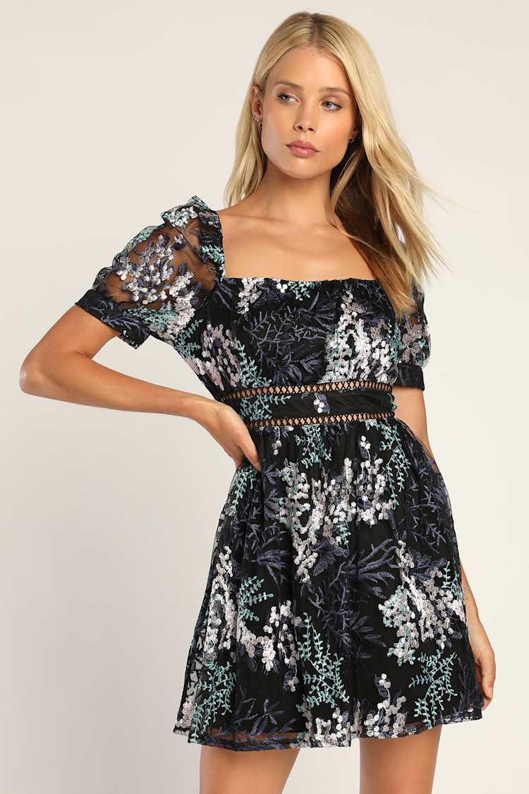 Chic Black Multi Dress - Embroidered Mini Dress - Skater Dress - Lulus