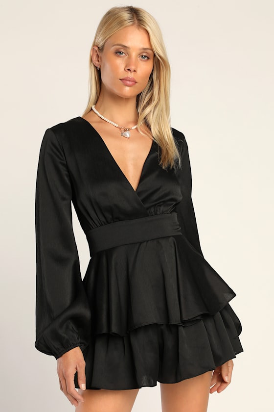 Black Long Sleeve Romper Tiered Skort Romper Surplice Romper Lulus