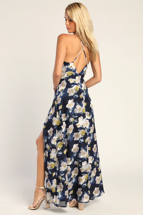 Navy Floral Print Maxi Dress - Floral Burnout Dress - V-Bar Dress - Lulus