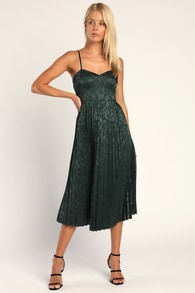 Chic Sensibility Dark Green Satin Jacquard Pleated Midi Dress