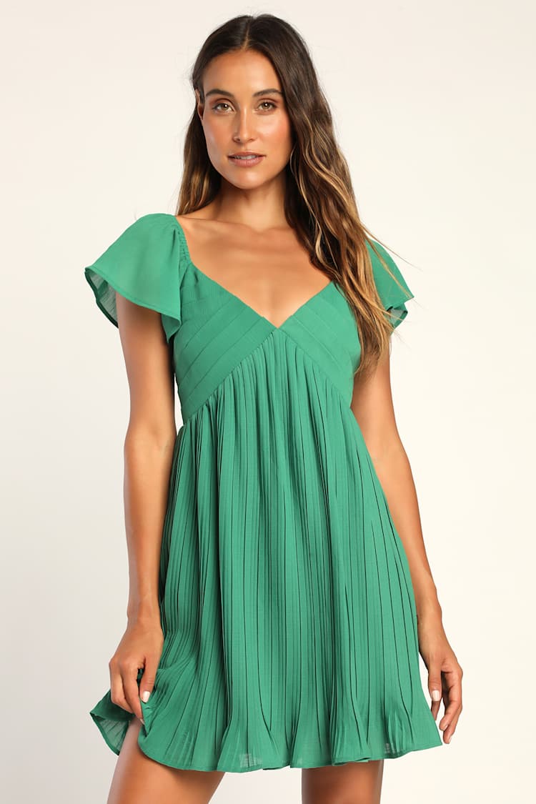 green santa claus dress Vintage VENUS Green Pleated Mini Dress with Ruffled Bust Detail and Flared  Out Hem (4)