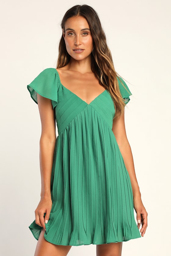 Amalfi Coast Green Pleated Flutter Sleeve Mini Dress 1