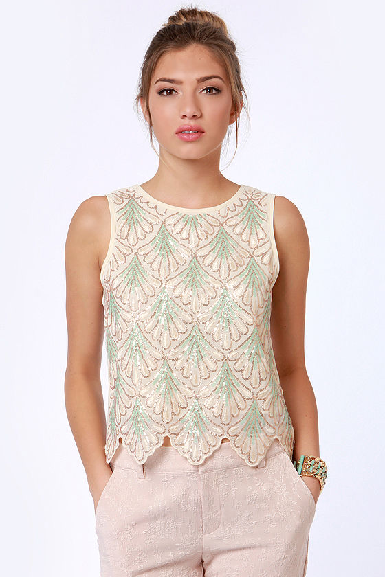 Cute Cream Top Sequin Top Scalloped Top 45.00 Lulus