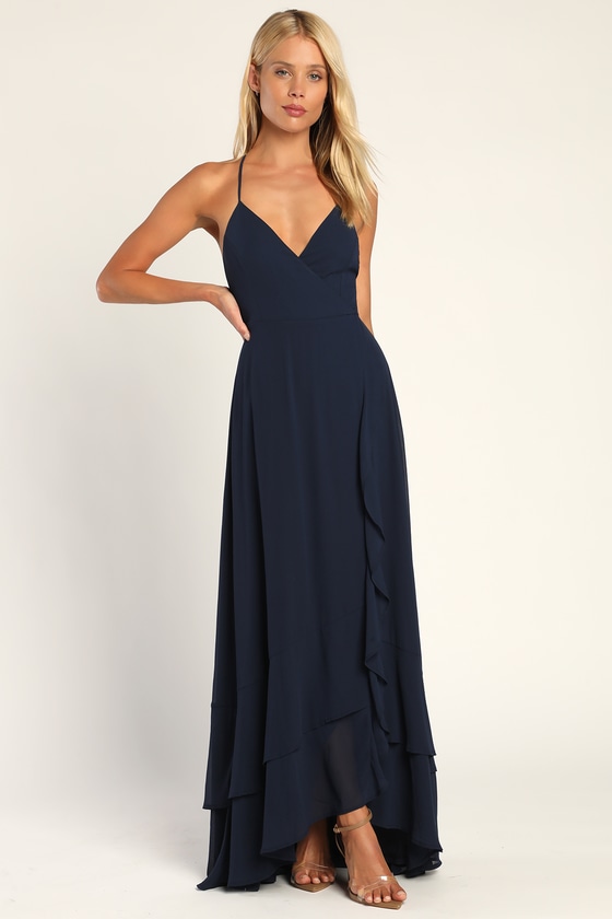 Navy Blue Wrap Maxi Dress - Lace-Up Dress - Ruffle Maxi Dress - Lulus