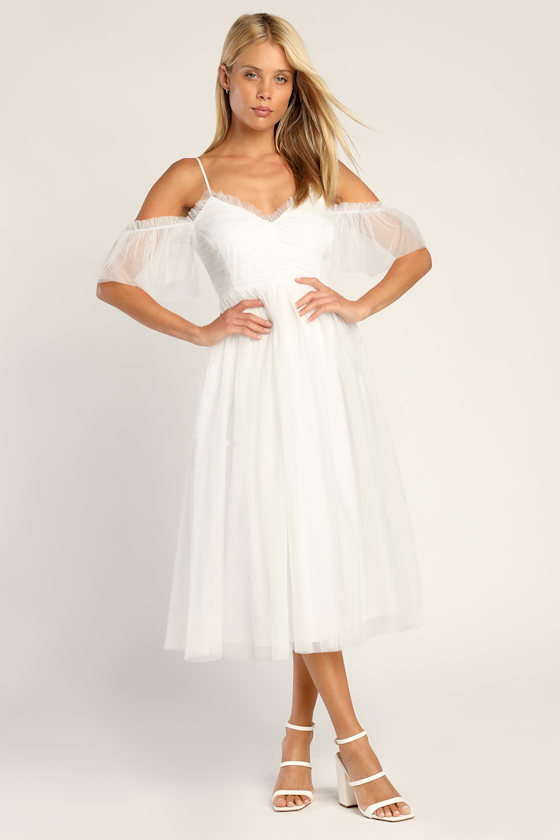 Always an Angel White Mesh Cold Shoulder Midi Dress 1