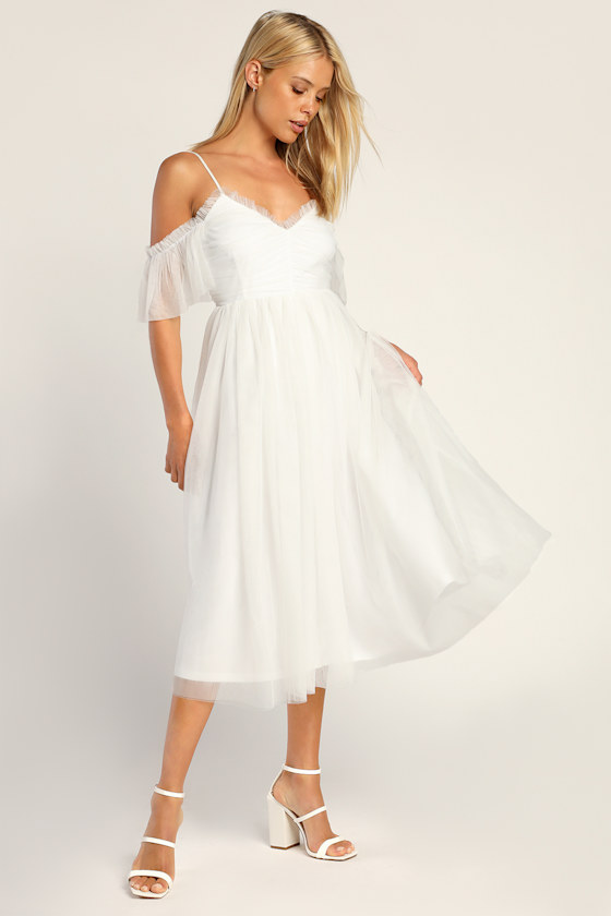 Always an Angel White Mesh Cold Shoulder Midi Dress 3