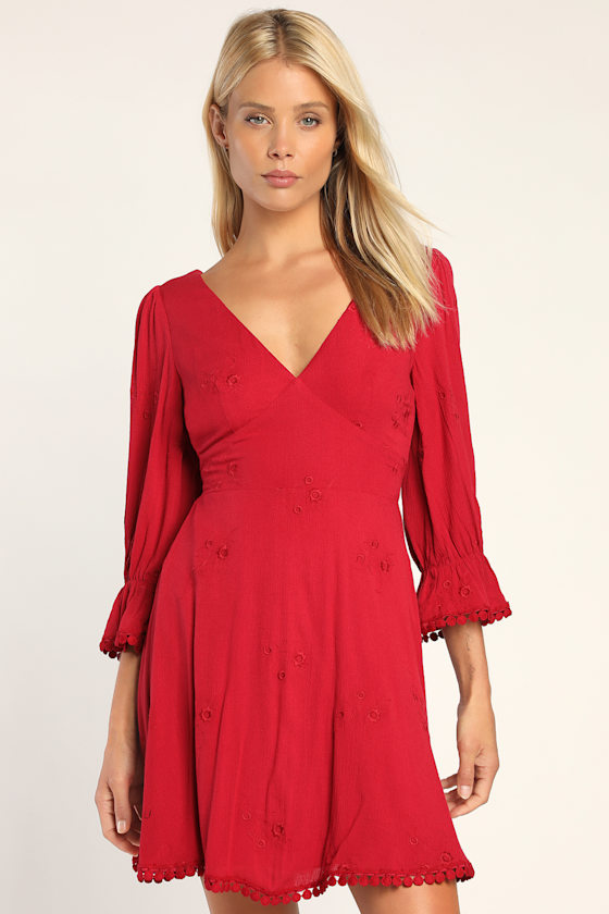 Cute Red Dress Embroidered Dress Red Mini Dress Lulus