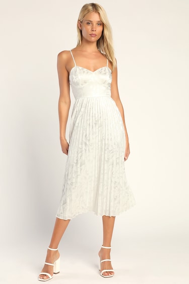 Chic Sensibility White Satin Jacquard Pleated Midi Dress