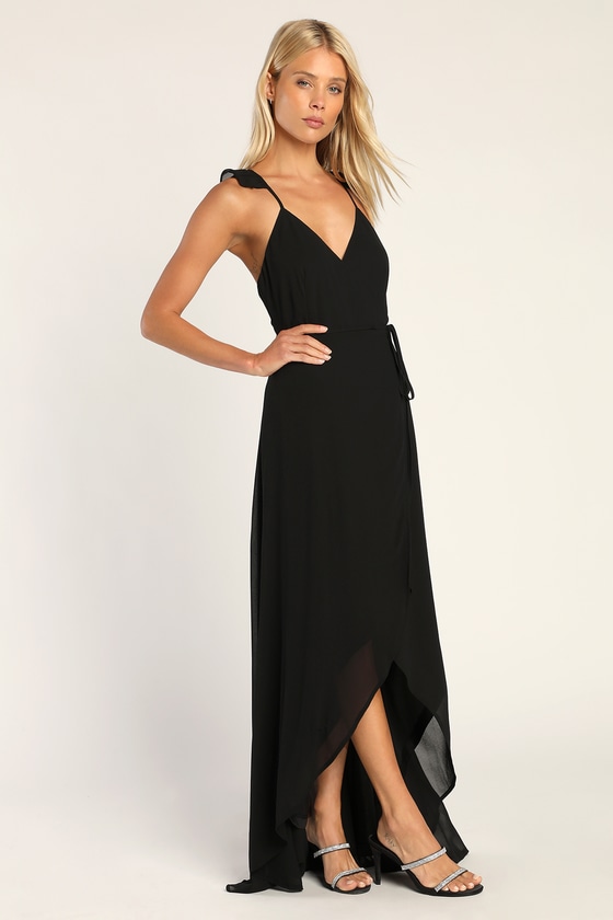 Lovely Black Dress - High-Low Maxi Dress - Black Wrap Dress - Lulus