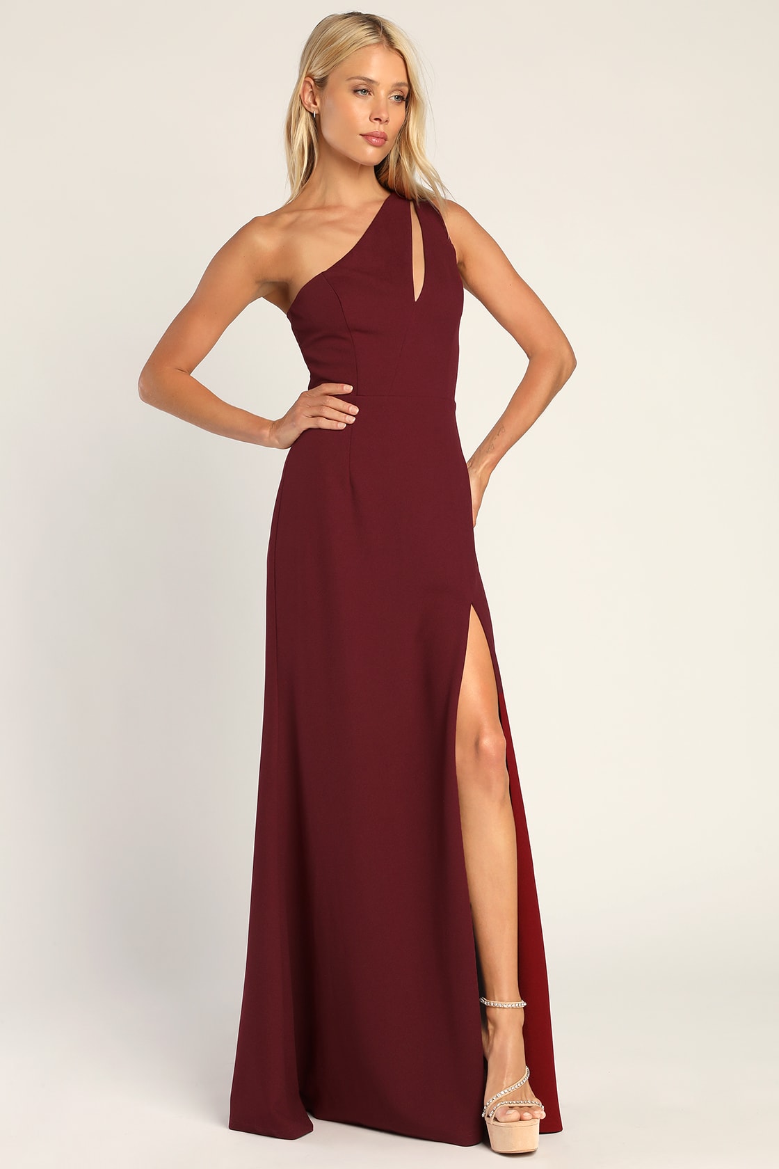 Divinely Dynamite Burgundy One-Shoulder Maxi Dress