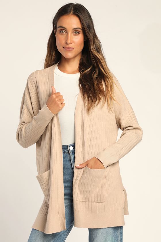 No Matter the Season Taupe Ribbed Knit Cardigan Sweater 1