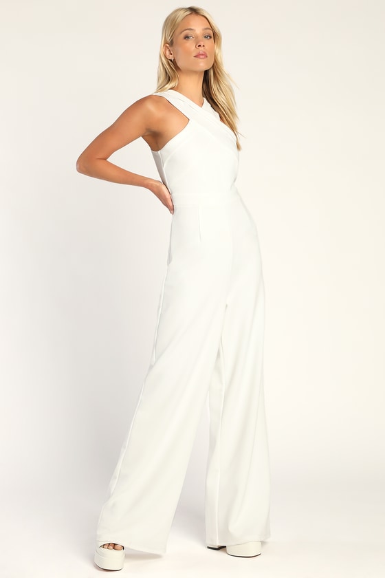 Criss Cross Your Mind White Cross Front Wide Leg Jumpsuit