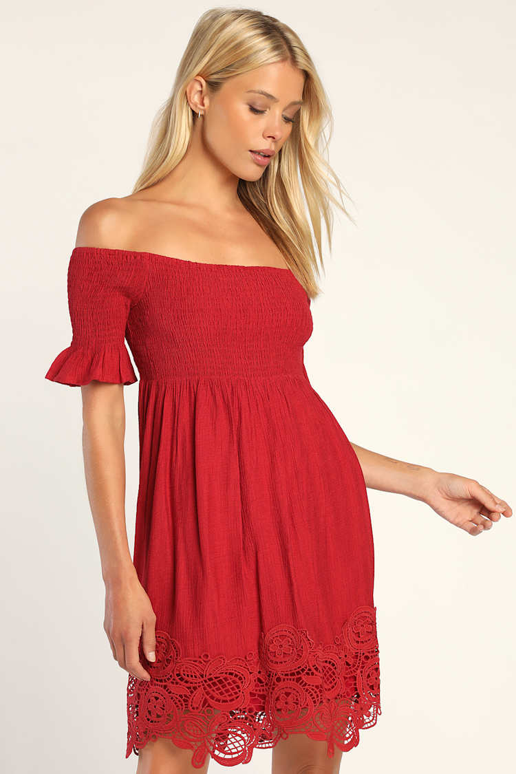 Red Smocked Mini Dress - OTS Smocked Dress - Lace Trim Dress - Lulus