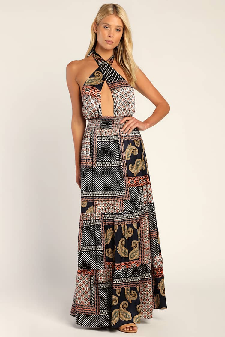 scarf print halter dress Printed Batik Scarf Halter Dress 1957 Royal Blue / One Size Fits Most main image 1