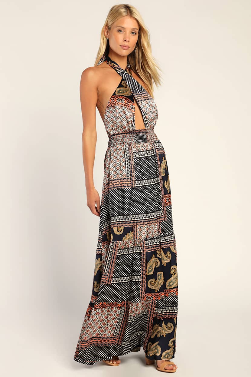 scarf print halter maxi dress Navy Blue - Satin Dress - Dress plunge neck formal dress