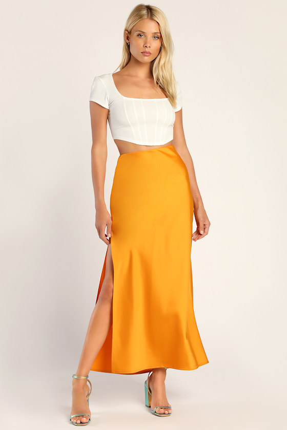 Smooth Sophistication Marigold Yellow Satin Midi Skirt 1