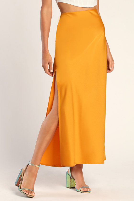 Smooth Sophistication Marigold Yellow Satin Midi Skirt 2