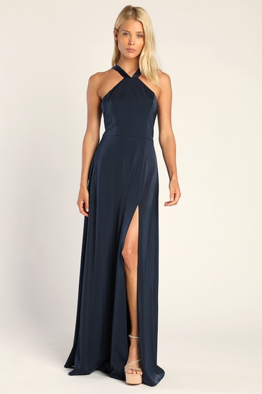 Sensational Stunner Navy Blue Satin Halter Sleeveless Maxi Dress