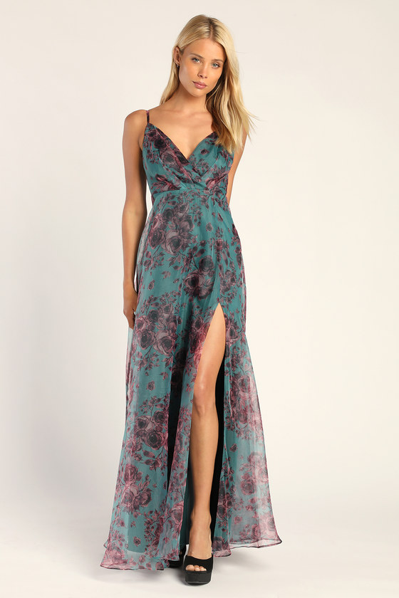 Teal Green Floral Dress - Organza Maxi Dress - Slit Maxi Dress - Lulus