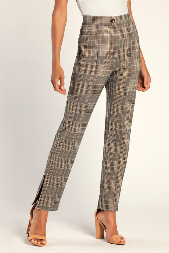Paid It So Good Beige and Blue Plaid Straight Leg Trouser Pants 3