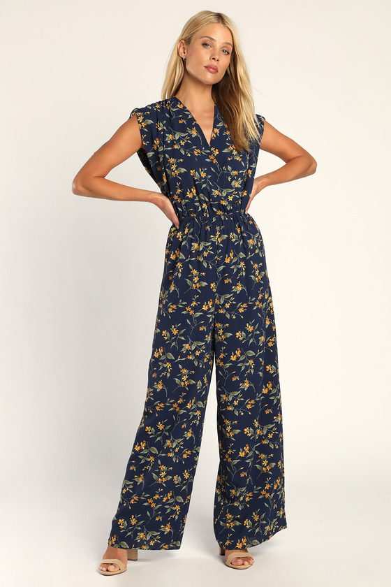 Navy Blue Floral Jumpsuit - Ruched Jumpsuit - Wide-Leg Jumpsuit - Lulus