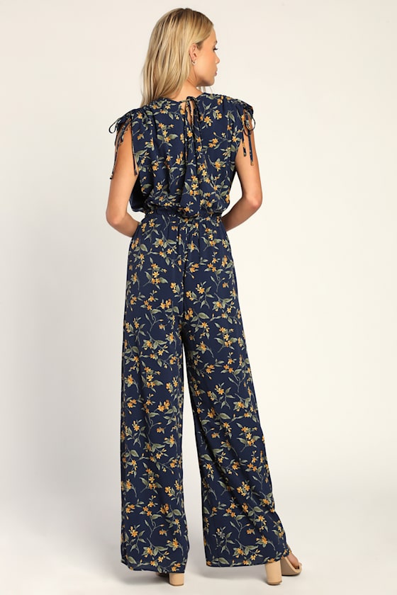 Botanical Romance Navy Blue Floral Ruched Wide Leg Jumpsuit 4