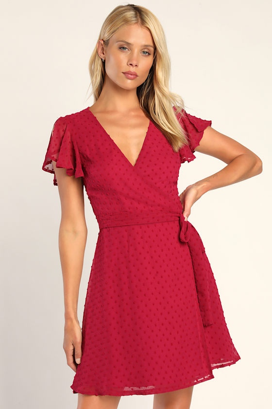 Much to Celebrate Berry Swiss Dot Flutter Sleeve Wrap Mini Dress 2