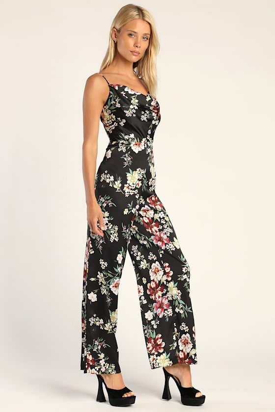 Alluring Look Black Floral Satin Cowl Neck Wide-Leg Jumpsuit 1