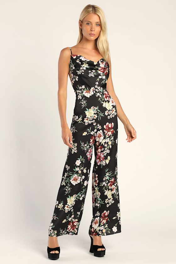 Alluring Look Black Floral Satin Cowl Neck Wide-Leg Jumpsuit 6