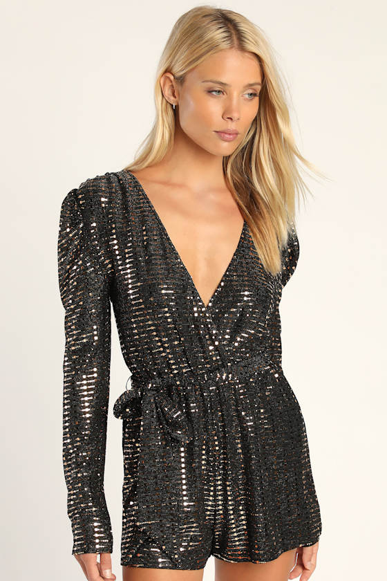 Bettie Black Metallic Long Sleeve Romper 1