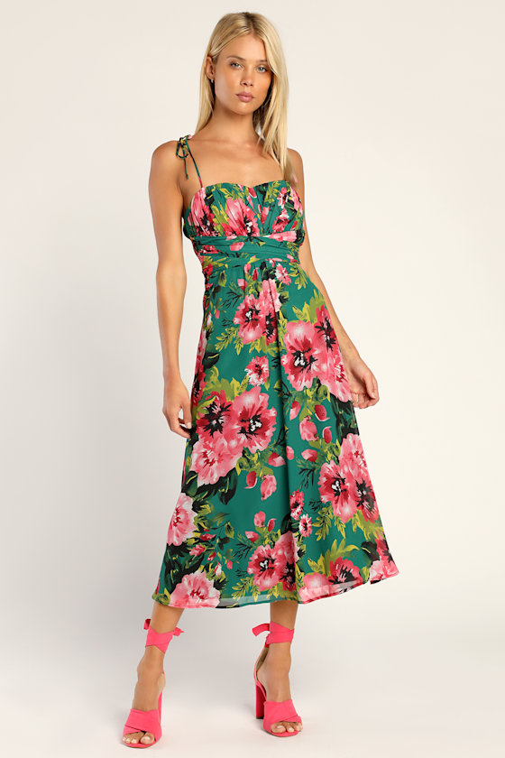 Pretty Poetic Green Floral Print Pleated Tie-Strap Midi Dress 1