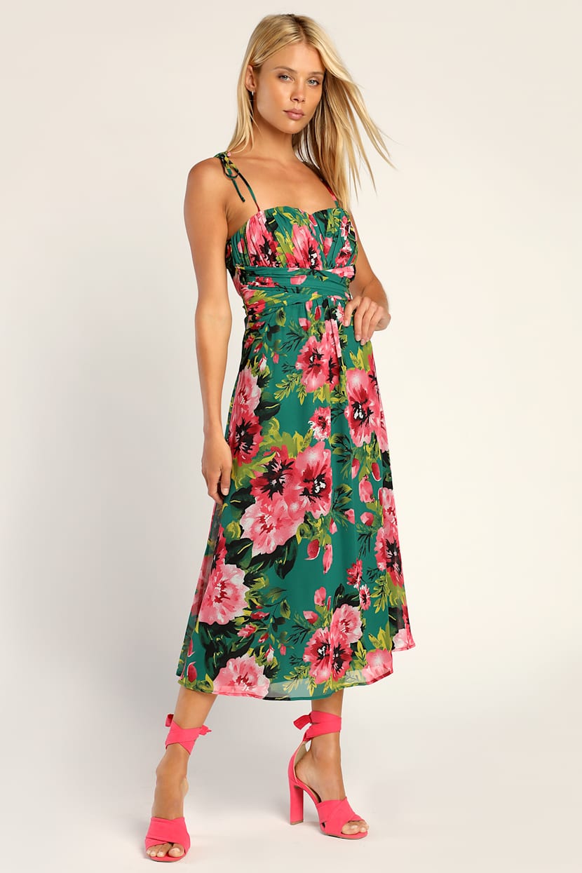 Pretty Poetic Green Floral Print Pleated Tie-Strap Midi Dress