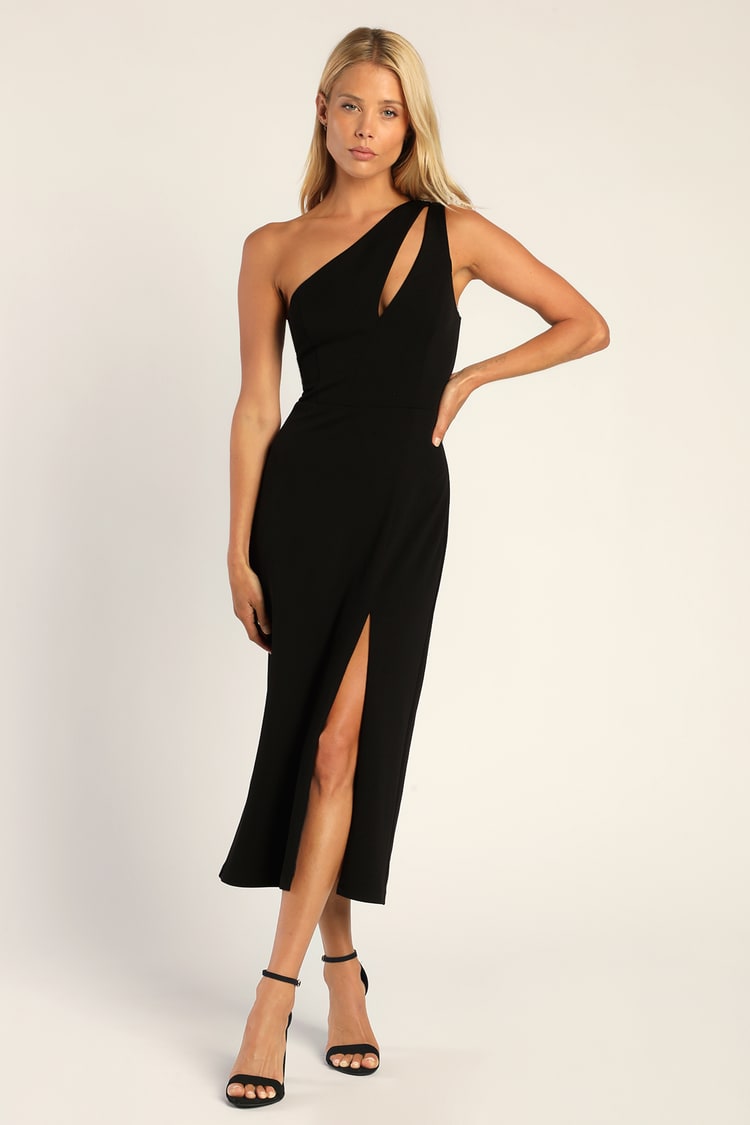 Black Midi Dress - Asymmetrical Dress - One-Shoulder Dress - Lulus