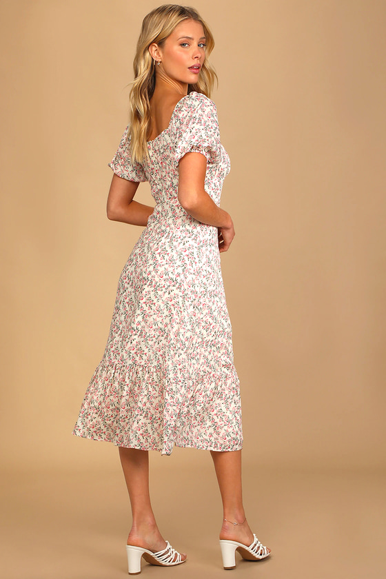 Instant Infatuation Cream Floral Print Puff Sleeve Midi Dress