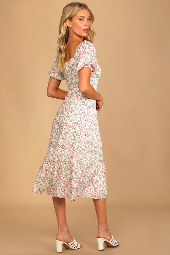 Instant Infatuation Cream Floral Print Puff Sleeve Midi Dress 5