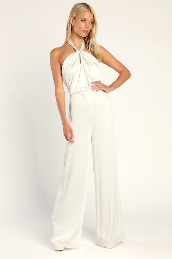 Adoring Angel Ivory Satin Wide-Leg Halter Jumpsuit 2