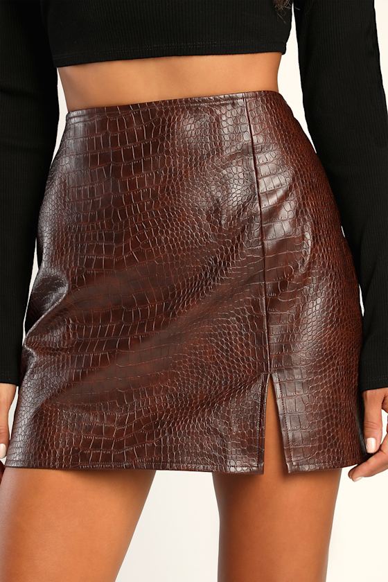 Croc 'n' Roll Chocolate Brown Vegan Leather Mini Skirt 2