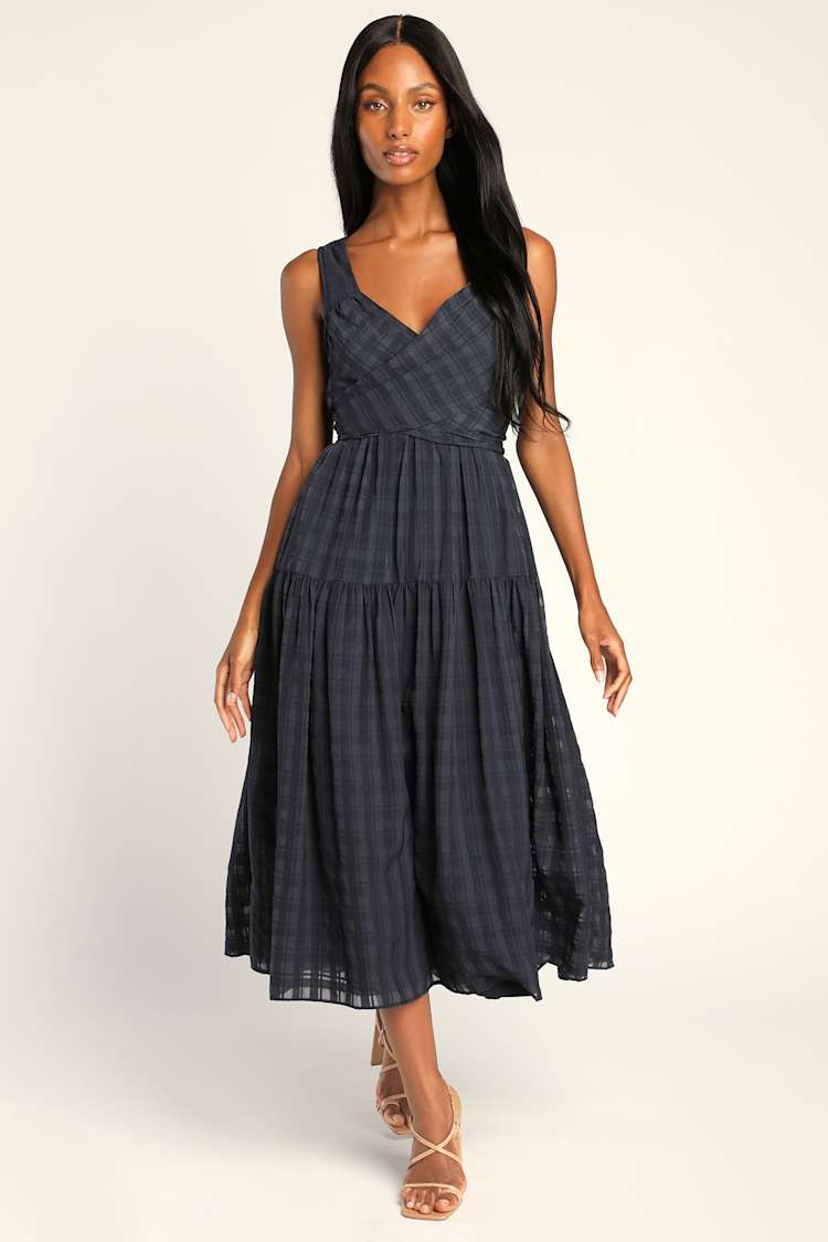 Navy Blue Midi Dress - Tiered Midi Dress - Crinkle Tie-Back Dress - Lulus