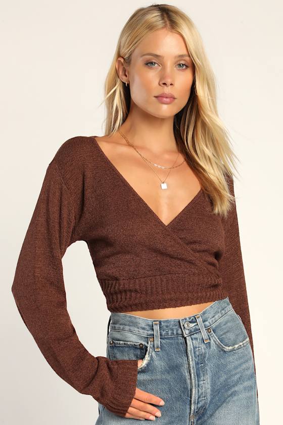 Perfectly Promising Chocolate Brown Long Sleeve Surplice Sweater 3