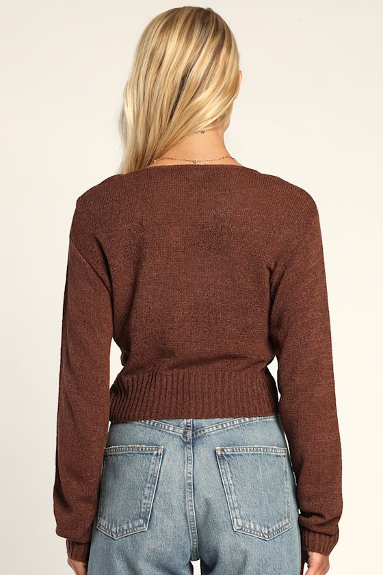Perfectly Promising Chocolate Brown Long Sleeve Surplice Sweater 4