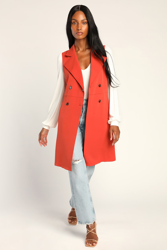 West Side Stroll Rust Orange Sleeveless Collared Trench Coat