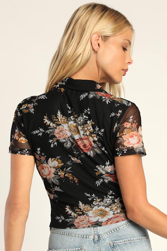 Black Floral Print Top - Mesh Button-Up Top - Ruched Top - Lulus