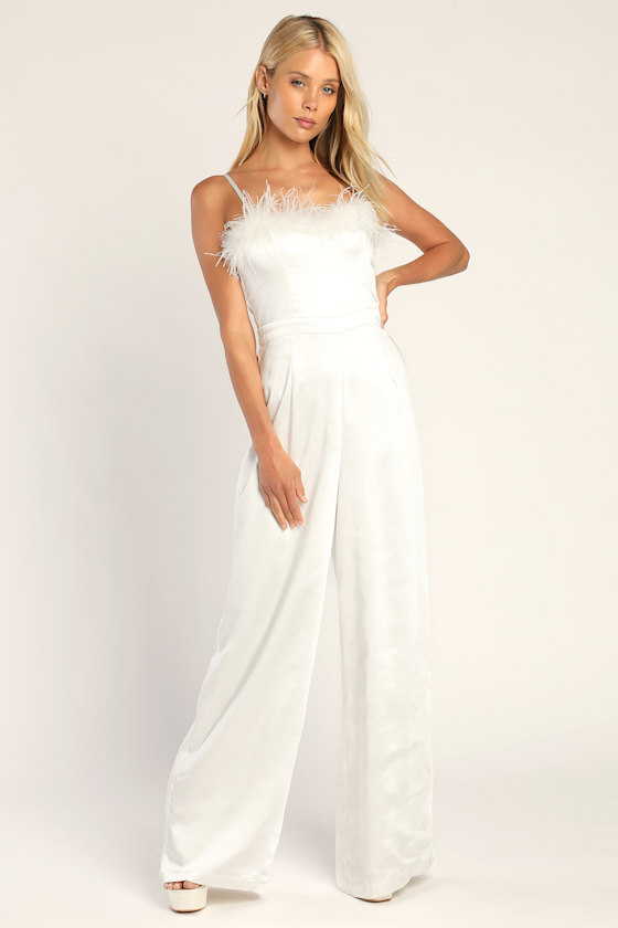 Ivory Satin Jumpsuit Feather Jumpsuit WideLeg Jumpsuit Lulus
