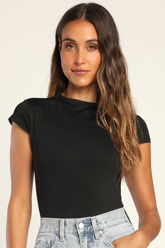 Black Funnel Neck Top - Short Sleeve Top - High Neck Top - Lulus