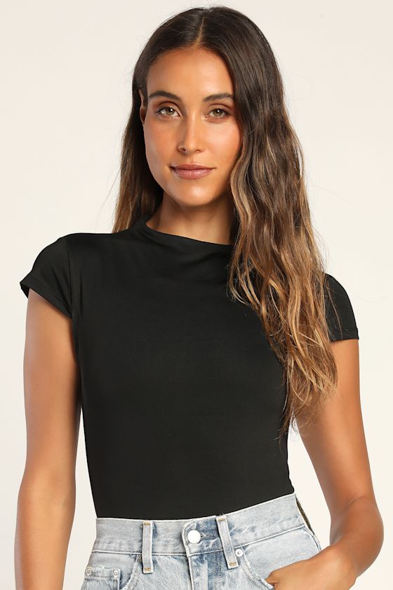 Black Funnel Neck Top Short Sleeve Top High Neck Top Lulus