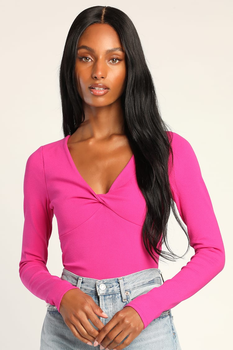 Hot Pink Top - Long Sleeve Top - Twist-Front Top - Ribbed Top - Lulus